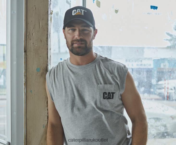 Men Heather Grey Caterpillar Trademark Sleeveless Pocket Tee 48T8231
